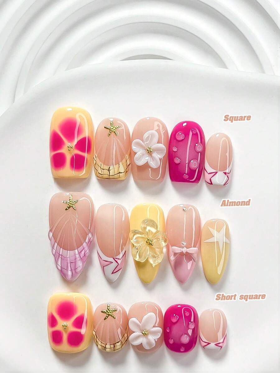 10片甜美風手工穿戴甲 Polygel 凝膠美甲套組,海星、蝴蝶結與小珍珠設計,粉色、黃色與紫色指甲油,度假風,附美甲工具,3種尺寸可選:方形、短方形、杏仁形,適合派對、跳舞、日常配戴 - 彩色 - 查看 1