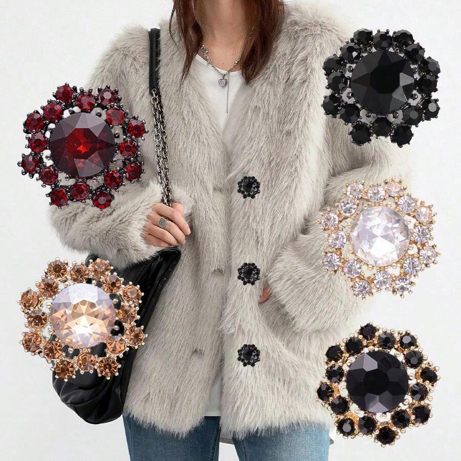 3pcs Elegant Crystal Flower Metal Buttons - Suitable For Shirts, Sweaters, Jackets And Coats - DIY Sewing Crafts, Gold/Black