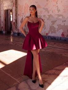 Elegant Pleated A-Line Hem Backless Bow Tie Mini Skirt, Suitable For Prom, Birthday Party, Formal Dinner, Homecoming, Wedding Guest, Cocktail Party, Family Gathering - Burgundy - View 1