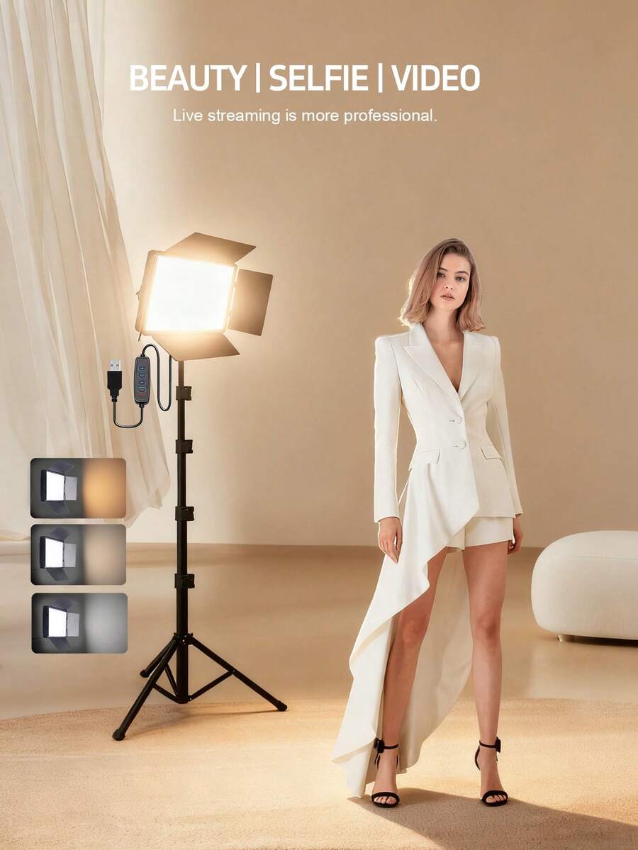 10-Inch Light With Light Shield, Comes With A 155cm Portable Adjustable Tripod, Suitable For Photography Studios, Flash Photography, Makeup Photography, Conference Groups, Selfies, And Live Streaming. - Black - View 1