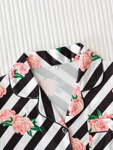 2pcs Striped Rose Print Women's Pajama Set, Quality Satin Fabric, Soft & Comfortable, Loose Cardigan Short Sleeve & Shorts Sleepwear Set, Elegant Ladies Loungewear - Black - View 3