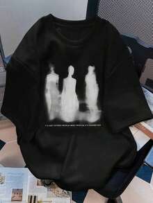 Camiseta Unisex Negra de Manga Corta 100% Algodón con Estampado Gráfico de Figuras Borrosas en Blanco y Negro, Estilo Streetwear Gótico, Cómoda y Transpirable para Uso Diario y Salidas Casuales - Negro - Ver 8