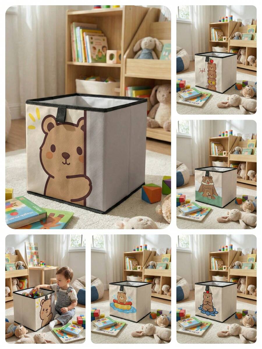 1 pieza Caja de almacenamiento plegable de gran capacidad, cesta de almacenamiento abierta con estampado de oso de dibujos animados, diseño de cajón multifuncional, ahorro de espacio para el hogar, dormitorio, guardería, almacenamiento debajo de la cama - Multicolor - Ver 1