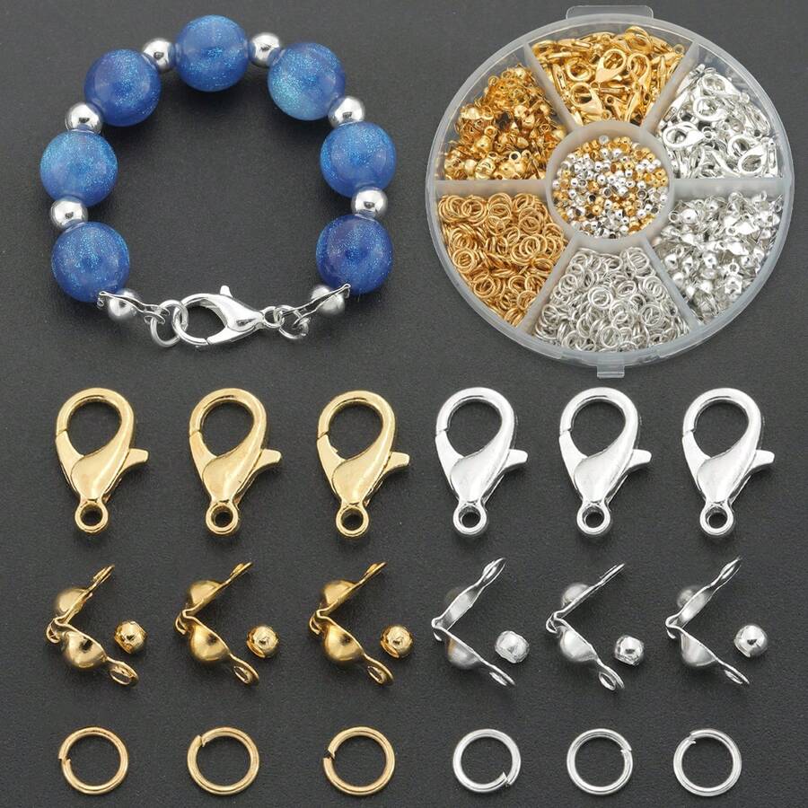 360 piezas/Caja Accesorios para hacer joyas, que incluyen 20 piezas de broches de langosta dorados y 20 piezas plateados, 30 piezas de terminales de cuentas, 30 piezas de cuentas de crimpado, 100 piezas de anillas de salto, adecuado para hacer joyas, cuentas, pulseras, collares, colgantes, suministros de manualidades DIY - Juego de accesorios (360 piezas) - Ver 1