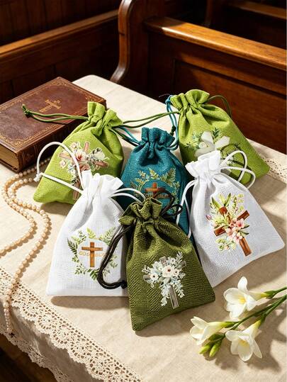 5 túi quà bằng vải lanh họa tiết thánh giá, in hình thánh giá hoa, có dây rút, có thể tái sử dụng, thích hợp làm túi đựng kẹo lễ Phục Sinh, quà tặng đám cưới, lễ Rước lễ, lễ Rửa tội, trang trí tiệc Cơ Đốc giáo và bao bì quà tặng tiệc tùng.