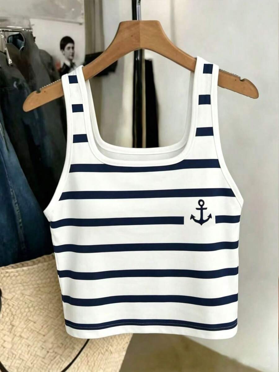 Áo tank top kẻ sọc trắng xanh kiểu preppy dành cho nữ, dây đeo rộng, chất liệu vải dệt kim, họa tiết mỏ neo, phù hợp cho mùa hè. - Nhiều màu - Xem 1