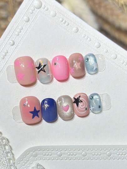 10pcs Dopamine Star Handmade Press On Nails, Y2K Hand-Painted Star & Heart Fake Nails, Short Oval Nails Perfect For Summer Vacation, With Jelly Glue And Nail File, DIY Nail Art Supplies