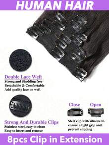 18英寸直发夹式接发，真人发，8片装，Remy真人发夹式接发，女士适用，自然柔软真人发（90-150克），1B自然黑，8-28英寸 - Natural Black - 查看 5