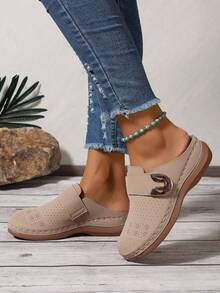 Women's Wedge Platform Mules With Arch Support; Women's Comfortable Wedge Platform Sandals With Openwork Design And Perforated Closed Toe. Suitable For Everyday Outdoor Wear, These Women's Slippers Feature Heel Cushioning And Are Perfect For Summer Casual Commuting. - Xám - Xem 4