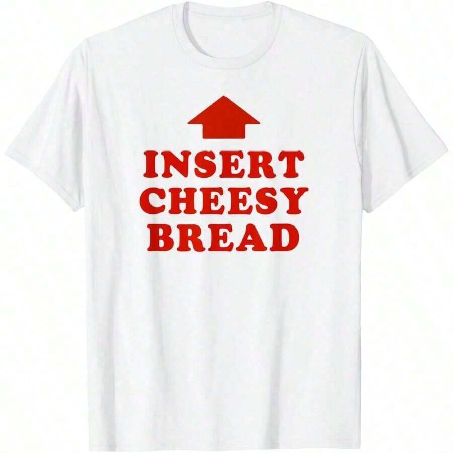 Unisex T-shirt INSERT CHEESY BREAD, 100 % bomull, röd bokstav och röd pildesign, korta ärmar, rund hals, avslappnad, humoristisk mattema. - Vitt - Visa 1