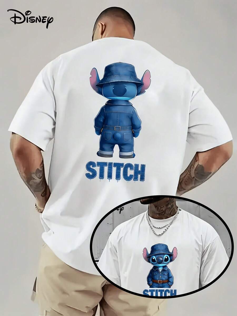 [Disney Licensed]Disney Lilo & Stitch Stitch Denim Outfit Back View Graphic T-Shirt, Men's Oversized Front & Back Print Short Sleeve Tee, Kawaii Streetwear Top For Summer Daily Wear, Back To School, Stitch Fans Gift, Casual Outings & Teen Fashion, Disney Officially Authorized Men's Short-Sleeved T-Shirts, Mens Clothes, Men, Ropa De Hombre, Summer Clothes, Men Shirts, Graphic Tees, Disney Outfits Men, Graphic Tees, Camisetas Para Hombre, Camisas Para Hombre, Summer Outfits For Men, Father's Day Gift, Perfect Gift For Family And Friends, Which Are Necessary For Birthday Parties, Disney Shirts, Mens Clothes, Summer Clothes, Officially Licensed Disney T-Shirts, Disney Men's And Women's Spring/Summer Fashion Casual Short-Sleeve T-Shirts - trắng - Xem 1