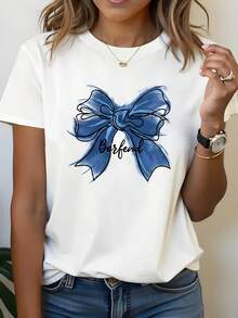 Damtoppar 2026 "Cloud Direction" BOWKNOT Blå, handmålad rosettmönstrad T-shirt, avslappnad, mångsidig rund halsad topp, bekväm att bära på vår, sommar och höst, lätt, maskintvättbar vår- och sommar-T-shirt, present till henne, sommaroutfit för kvinnor - [Vit] - Visa 1