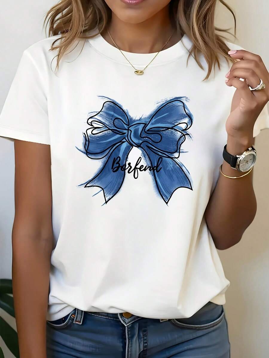 Damtoppar 2026 "Cloud Direction" BOWKNOT Blå, handmålad rosettmönstrad T-shirt, avslappnad, mångsidig rund halsad topp, bekväm att bära på vår, sommar och höst, lätt, maskintvättbar vår- och sommar-T-shirt, present till henne, sommaroutfit för kvinnor - [Vit] - Visa 1