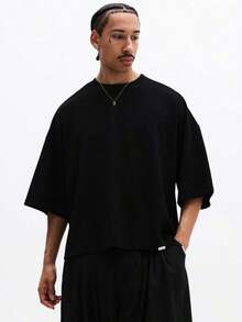 Men's Basic T-Shirts, Loose Fit Crew Neck T-Shirt With Wide Short Sleeves, Casual Shirt For Everyday Wear, Basic Independence Day T-Shirt, For Men - 黑色的 - 查看 10
