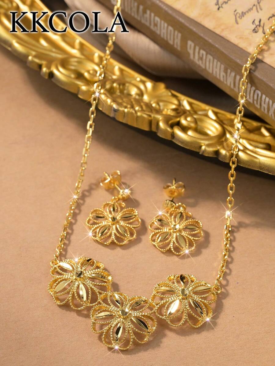 KKCOLA Bộ trang sức 2 món hình hoa rỗng, đa năng, thời trang, thích hợp cho tiệc tùng, ngày lễ, mặc hàng ngày, làm quà tặng cho người yêu, mẹ, con gái. - Vàng - Xem 1