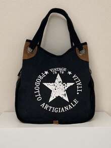Women's Vintage Star Print Large Capacity Zipper Tote Bag, Available In Olive Green/Black/Gray/Khaki, Casual Classic Retro Style, Dual Shoulder/Crossbody Bag, Machine Washable, Multi-Pocket Design, Letter Print Detail, Printed Decor, Fashion Versatile, Ideal For Commuting, Shopping, Travel, Party, Date And New Year Occasions - Multicolor - View 18