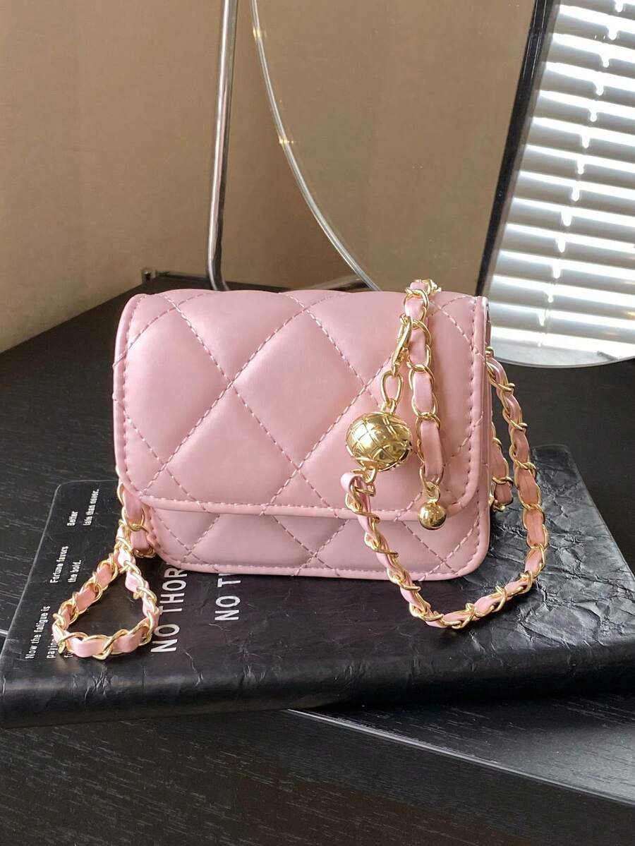 Spring And Summer , Simple And Versatile, High-End Texture, Rhinestone Embroidered Gold Ball Chain Strap, Can Be Worn Over One Shoulder Armpit, Mini Lipstick Bag - Pink - View 1