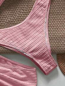 Bikinx Bộ 3 món đồ bơi nữ thời trang đi nghỉ mát, màu trơn, chất liệu vải mềm mại, gợi cảm, có dây rút và váy ngắn, màu hồng nhạt, thích hợp cho mùa hè. - Hồng - Xem 8