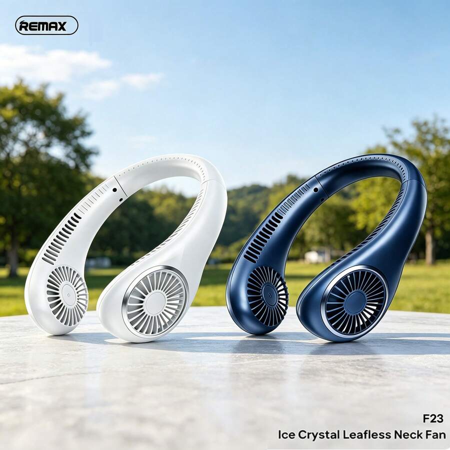 REMAX F23 Ventilator ohne Klingen, Dual-Luftauslässe, hoher Luftvolumen, leiser Betrieb, lange Akkulaufzeit, Silikonhalterung für einfaches Tragen und passend für verschiedene Halsgrößen, Metalltextur, stilvolles Design, geeignet für den Außen- und Heimgebrauch - Halsstil - Übersicht 1