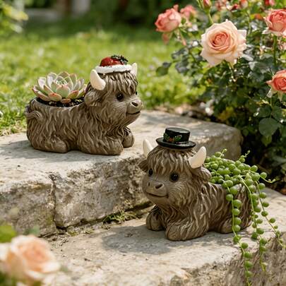 1pc Creative Hat-Wearing Cow Statue, Resin Flower Pot Miniature Cow Figurine, Gardening And Home Decor Items. Perfect For Christmas, New Year, And Holiday Gifts. Water- And Sun-Resistant. Suitable For Indoor/Outdoor Gardens, Balcony Decorations, And Desktop Flower Pot Arrangements.