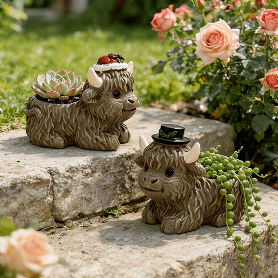 Estátua criativa de vaca usando chapéu (1 peça), em resina, miniatura para vaso de plantas, decoração para jardim e casa. Ideal para presentes de Natal, Ano Novo e outras datas comemorativas. Resistente à água e ao sol. Perfeita para uso interno e externo, em jardins, varandas e como vaso de mesa. - vaso de flores - Ver 1