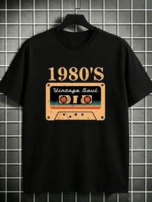 1pc Plus Size Men's Retro Tape Print Round Neck Short Sleeve T-Shirt, Casual Daily Wear - Black - View 2
