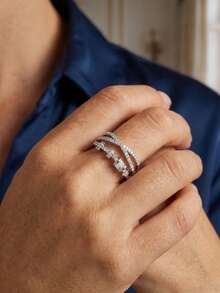 1 pieza Anillo envuelto de circonita cúbica transparente de lujo con diseño cruzado, joyería de cóctel exagerada de cobre con baño de plata - Plateado - Ver 3