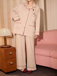 Gongdie Bộ 2 món đồ ngủ dài tay kẻ sọc mùa xuân thu dành cho nữ, chất liệu cotton in hình chó Dachshund hoạt hình. - Rượu sâm banh - Xem 8