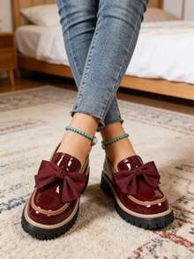 New Arrival Wine Red Bow Decor Patent Leather Platform Loafers, Vintage Preppy Non Slip Chunky Sole Daily Work Shoes For Ladies - 酒紅色 - 查看 8