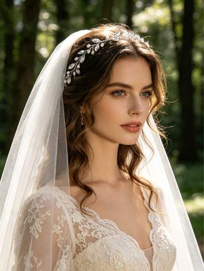 奢华银色水晶珍珠新娘发饰，优雅新娘婚礼发饰