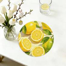 A Circular Placemat With Fresh Lemon And Green Leaves As Patterns, Suitable For Use In Spring, Summer, Autumn, And Winter. It Adopts A Multi-Color Pattern Design And Is Woven From 100% Polyester Fiber. The Size Is 15 * 15 Inches And Can Be Machine Washed With Polyester Placemats. - Multicolor - View 2