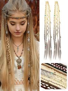 Bohemian Long Hair Braid, Hand Woven Synthetic Wig Braid With Decorative Hair Accessories, Hair Clip Braid, Simple And Easy To Wear, Suitable For Women's Daily Use And Gatherings - Multicolor - View 1