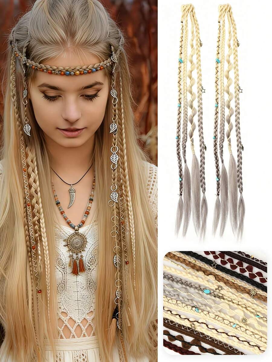 Bohemian Long Hair Braid, Hand Woven Synthetic Wig Braid With Decorative Hair Accessories, Hair Clip Braid, Simple And Easy To Wear, Suitable For Women's Daily Use And Gatherings - Multicolor - View 1