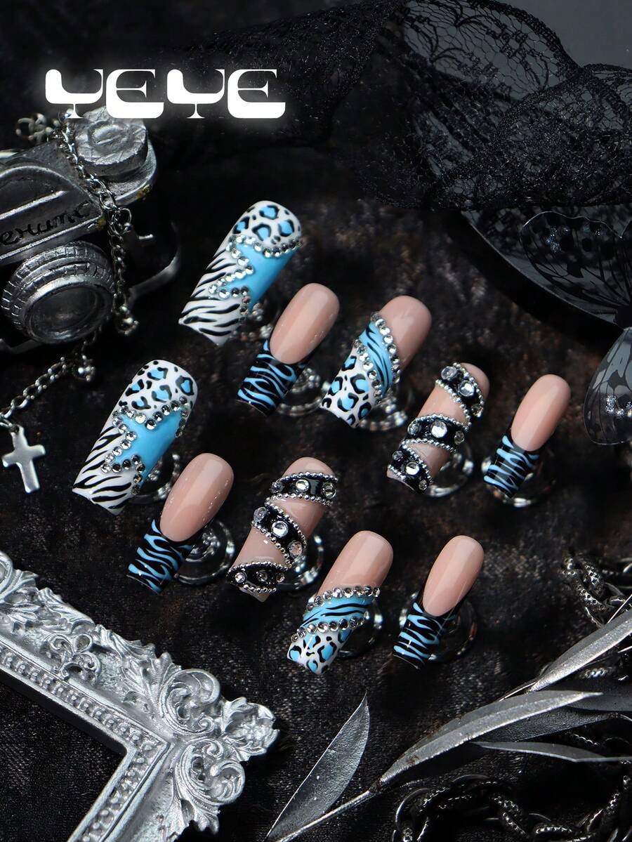 10 miếng móng tay giả dán acrylic vuông, xanh trắng, màu nude, đầu Pháp, họa tiết da báo, sọc ngựa vằn, đính đá, thắt lưng, bộ móng giả acrylic phủ toàn bộ kiểu châu Âu, phụ kiện làm móng phong cách punk cho nữ giới và phụ nữ, dùng hàng ngày, đi chơi, du lịch, công sở, lễ hội - Xanh và trắng - Xem 1
