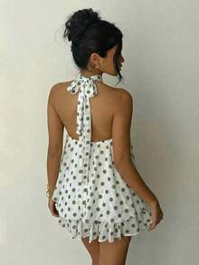 Vestido mini elegante de mujer con cuello halter y lazo en color amarillo claro - Verde - Ver 2