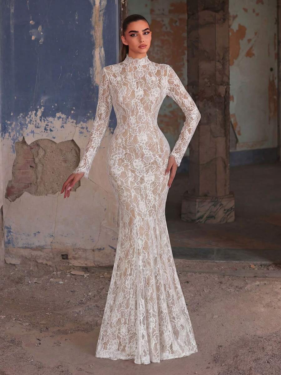 Elasola 高领长袖复古优雅蕾丝晚礼服 - 精致花卉蕾丝设计，半透明面料，适合正式晚宴、盛会、婚礼宾客等场合，尽显现代优雅春季风情 - 白色 - 查看 1