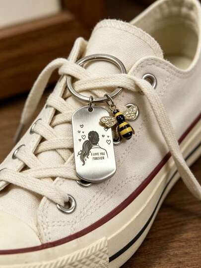 1Pc Romantic Couple Multifunctional Stainless Steel Shoe Buckle With I Love You Forever Engraved Bee Pendant, Valentine's Day & Anniversary Gift For Lovers