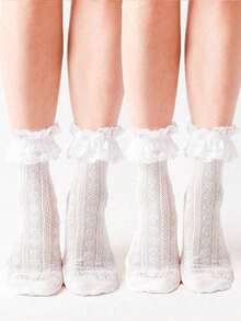 1 Pair Of Women's Solid Color Romantic Pleated Lace Trimmed Heart-Shaped Small Leg Socks.Cute Hollow Mesh Style, Lace Lace Love Socks, Suitable For School Gatherings, Daily Wear, Is A Great Gift, Halloween Gift, Halloween Decorative Socks, Christmas Decoration, Back To School Season, Travel Season, Valentine's Day, Fall - 白色蕾絲-1雙 - 查看 1