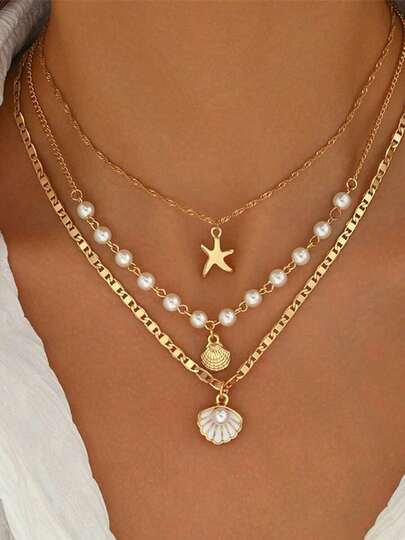 3pcs Summer Bohemian Style Multi-Color Faux Pearl Multi-Layer Necklace Set With Shell Pendant, Suitable For Beach, Travel, Daily Decoration, Outfit Matching, Dating, Party, Holiday Gift For Women