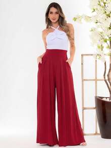Wide-Leg, Loose-Fitting Palazzo Pants In Viscose/Lycra Knit Fabric With A Wide Waistband And High Waist And Pleats. - Merah ceri - View 3