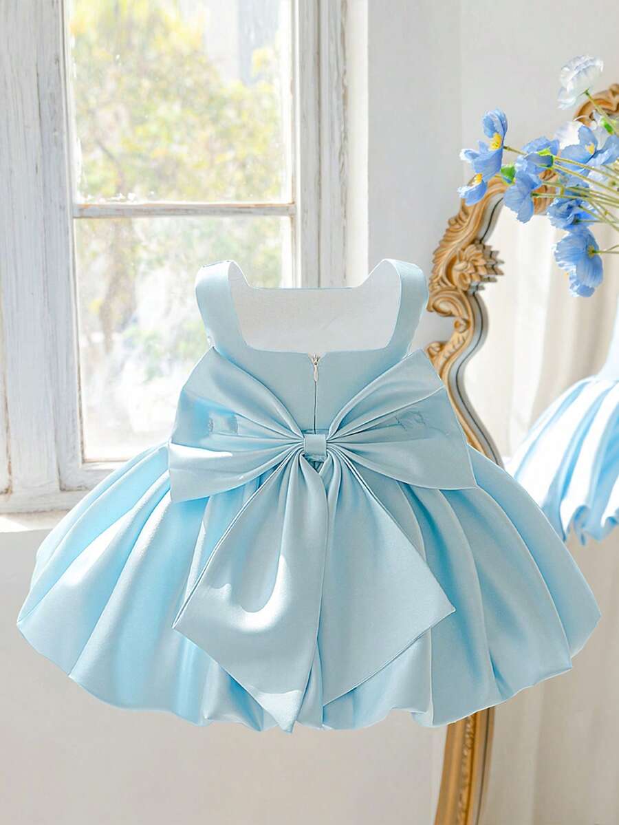 Gaun Bayi Perempuan Satin dengan Pita Belakang dan Model Mengembang, Cocok untuk Pesta Ulang Tahun Pertama, Bando Tidak Termasuk - Baby Blue - View 1