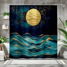 1件装 2D平面月光海浪抽象艺术防水现代浴室装饰布艺浴帘，厚实耐用，优雅浴室配件，易于清洁，色彩鲜艳，时尚设计，装饰浴帘 - 彩色 - 查看 10