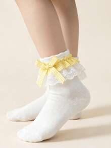1 Pasang Kaos Kaki Pendek Anak-anak Katun Warna Gradien dengan Hiasan Renda Gaya Putri Elegan Motif Bunga untuk Menari, Musim Semi/Panas - MultiWarna - View 4