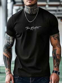 Camiseta de manga corta de verano casual con estampado de eslogan para hombres - Negro - Ver 8