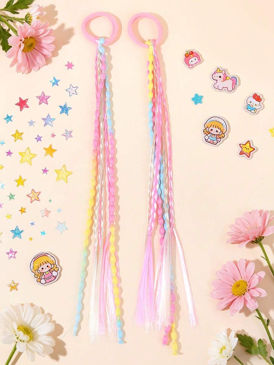 2pcs Pink Y2K Hair Tie For Girls Colorful Braid Decor Hair Band Delicate Scrunchy Cute Hair Elastic Band Music Festival Party Daily Vacation Birthday Gift Ponytail Holders Teens Hair Accessories - Pink - View 1