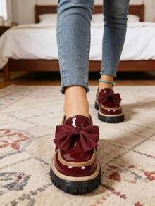 New Arrival Wine Red Bow Decor Patent Leather Platform Loafers, Vintage Preppy Non Slip Chunky Sole Daily Work Shoes For Ladies - 酒紅色 - 查看 4