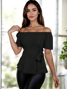 ZTSO Fashionable Off-Shoulder Blouse With Belt - Black - View 12