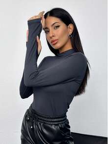 Women's Long Sleeve Bodysuit Mock Neck Slim Fit Basic Stretch Top Finger Detail Blouse - Dark Grey - View 4