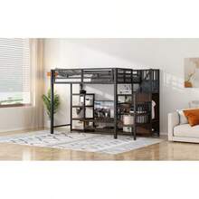 High bed 90x200 with TV stand outlet and safety conductor Stable metal-wood combination modern space-saving high bed 's bunk bed with practical storage space black - Schwarz + Metall + 90 cm * 200 cm - Übersicht 5