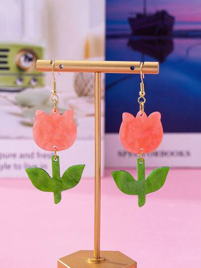 1 Pair Elegant & Sweet Artificial Crystal Flower Earrings, Shiny Tulip Design, Suitable As Fashionable Gift For Girls